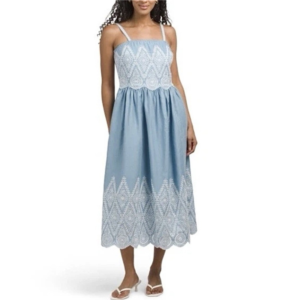 NWT $295 Elie Tahari Denim Blue Linen Scalloped Embroidered Midi Dress 8